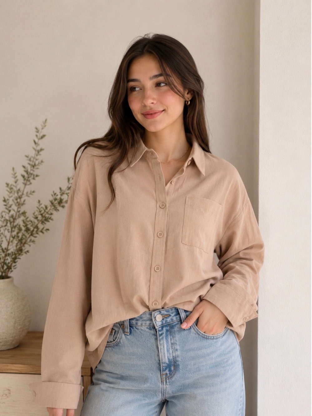 Classic Beige Button-Front Women's Shirt